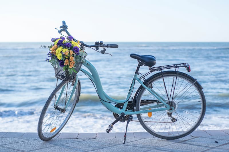 Корзина велосипеда с цветами